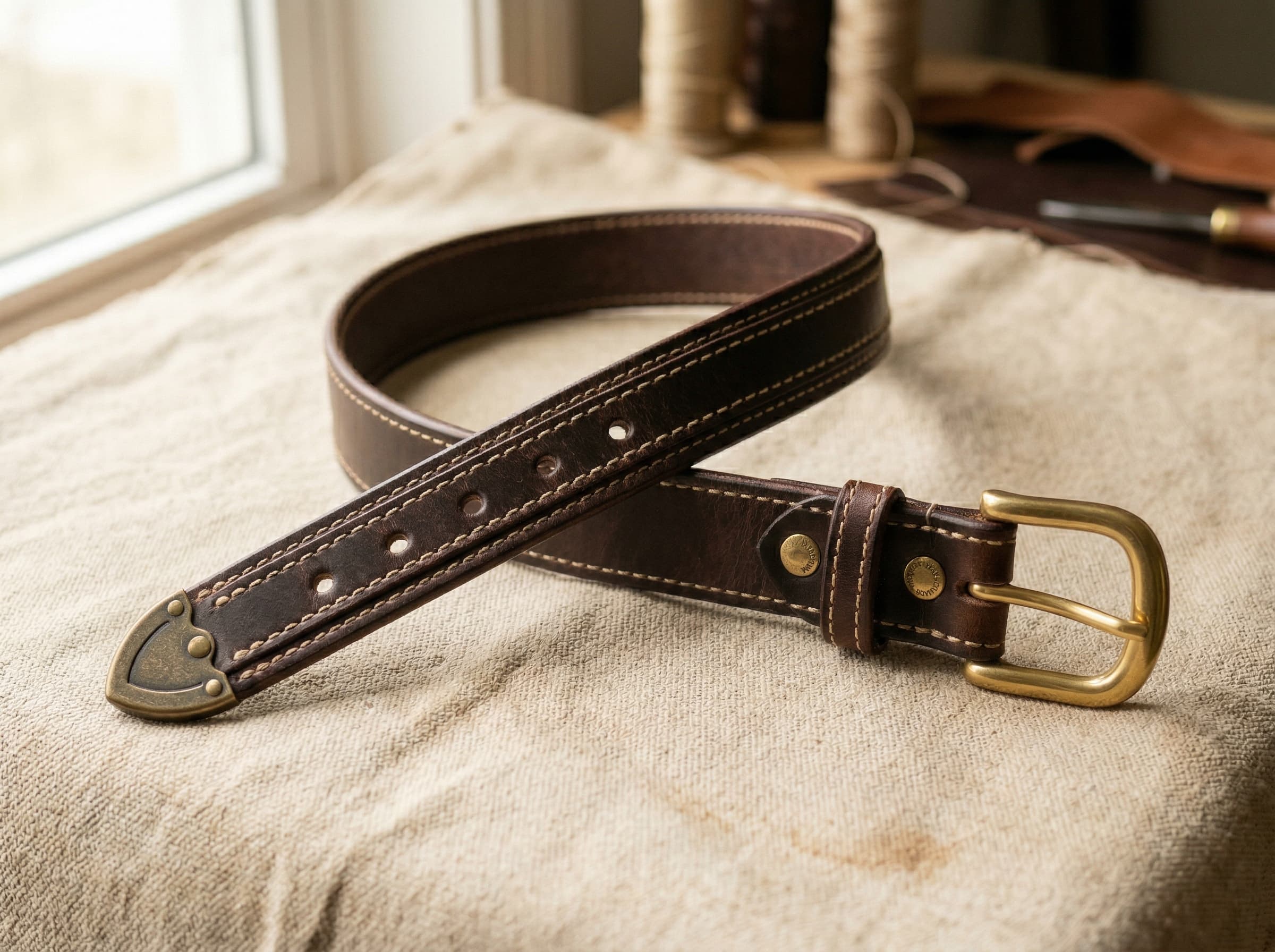 Bridle leather ranger belt with brass buckle